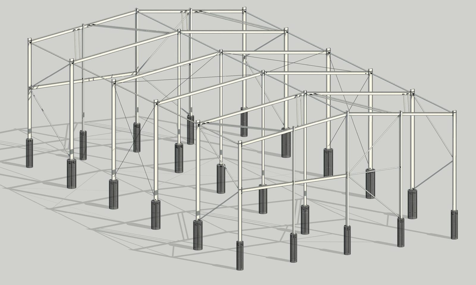 3D Revit structural model of a large steel portal-frame shed with bored-pier footings, designed by Irwin Consulting Engineers