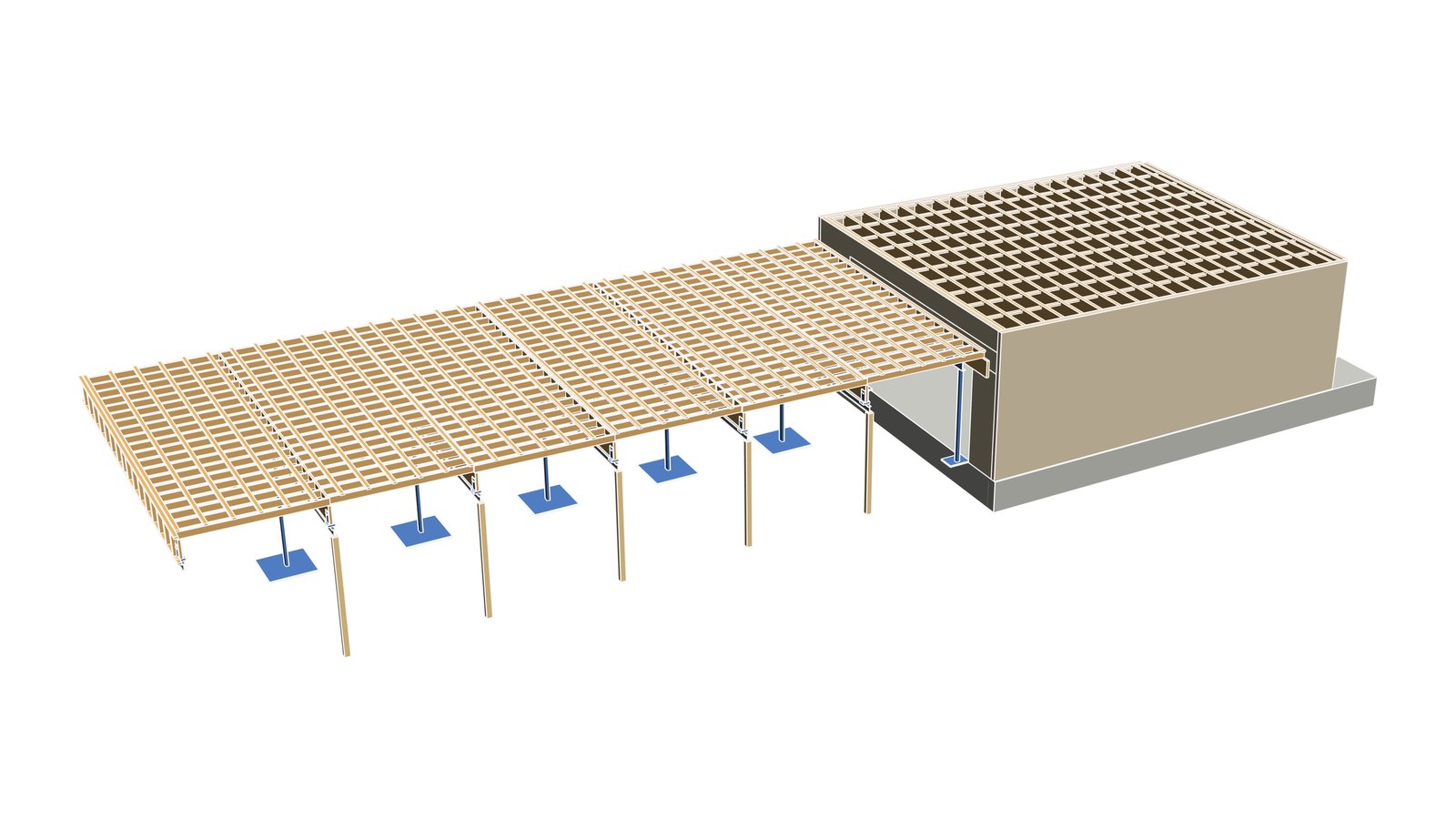 3D Revit structural model of a commercial building's roof framing and posts
